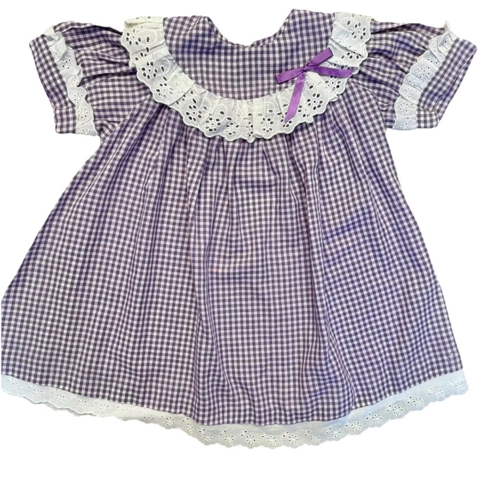 VTG 90s Handmade purple and white plaid toddler girl’s dress w‎ eyelet lace trim